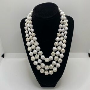 Vintage Triple-Strand White Iridescent Beaded Bib Necklace West Germany 18"